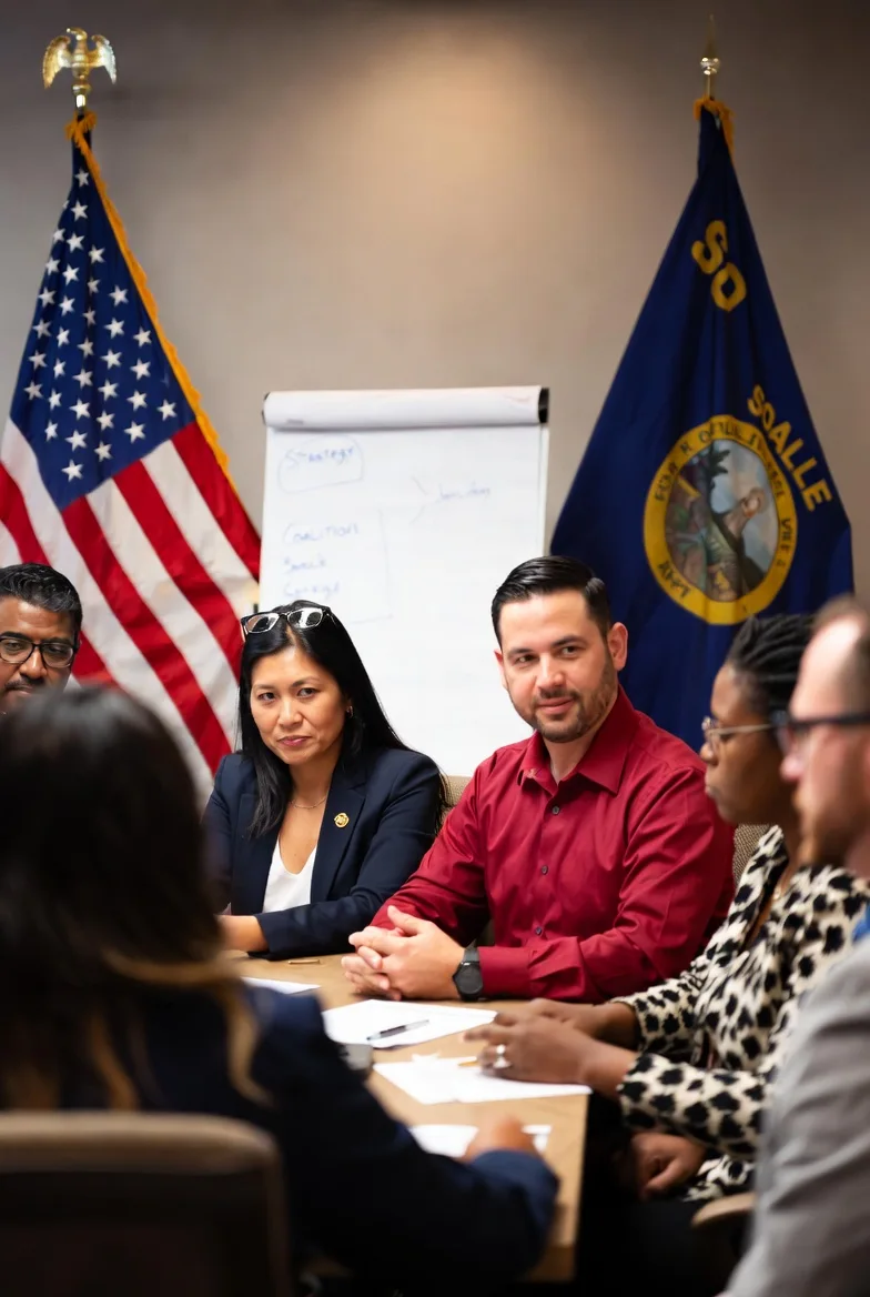 SD Strategies team in professional conference room with US and South Dakota state flags